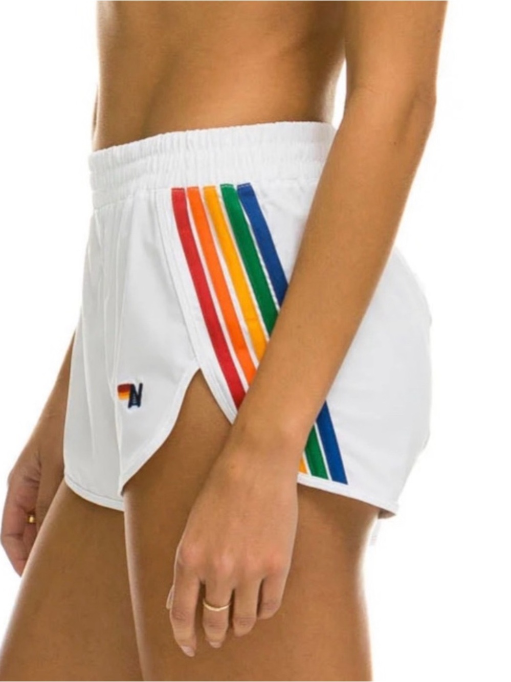 Aviator Nation White Women's Athletic Shorts with Rainbow Side Stripes